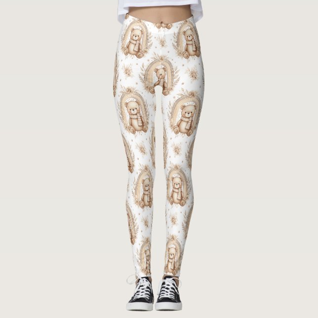 Boho Teddybjörn Regnbåge Neutral Blomma Leggings (Framsida)