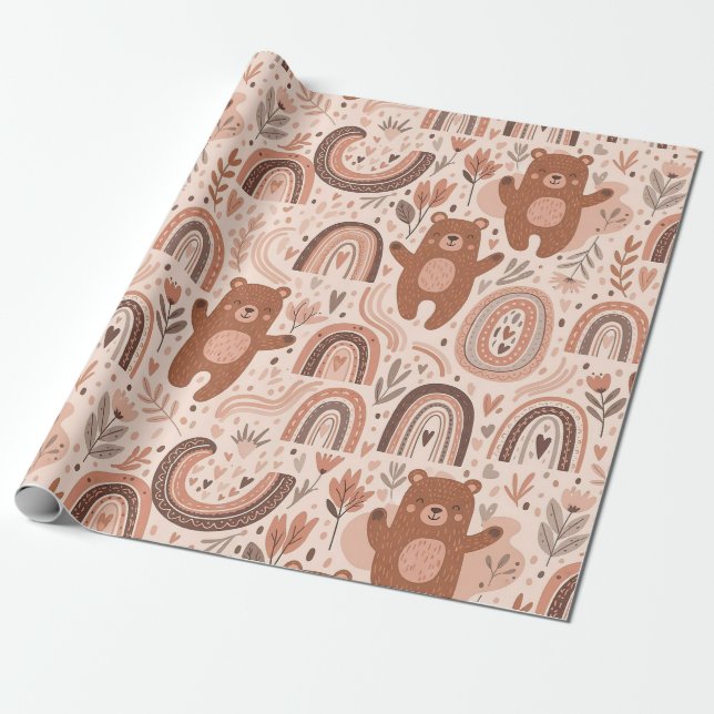 Boho Teddybjörn Regnbåge Nurseriesmönster Presentpapper (Utrullad)