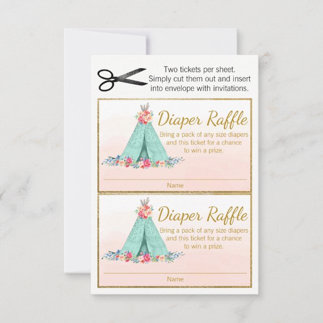 Boho TeePee Diaper Raffle Biljett (Framsida)