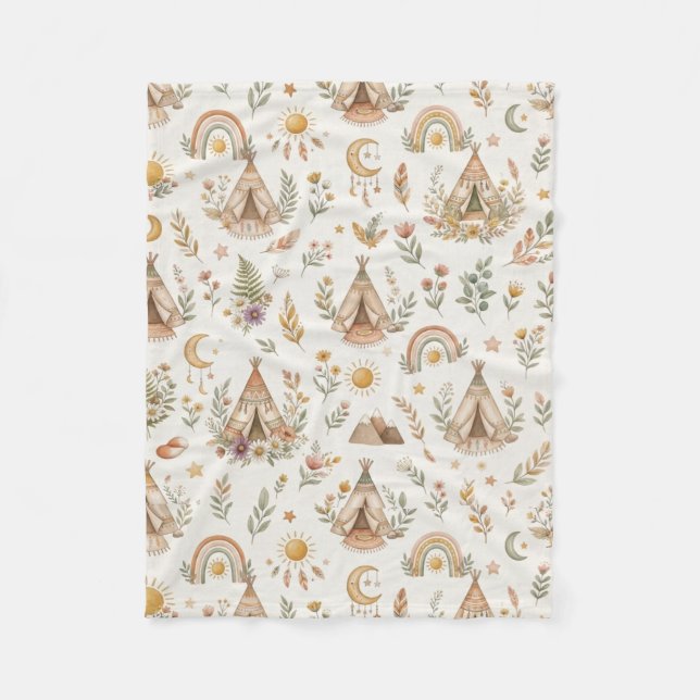 Boho Teepee och Woodland Rainbow Neutral Bebis  Fleecefilt (Framsidan)