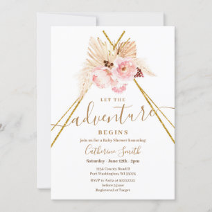 Boho Teepee Pampas Grass Äventyr Baby Shower Inbjudningar