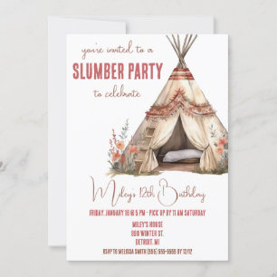 Boho TeePee Pyjamasparty, Sover över, Födelsedag Inbjudningar