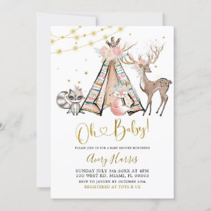 Boho Teepee Rosa Blommigt Woodland Baby Shower Inv Inbjudningar