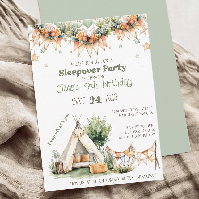 Boho teepee tält sleepover födelsedagsfest inbjudningar (Skapare uppladdad)