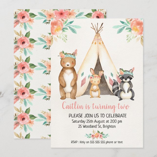 Boho Teepee Woodland Animals Birthday Call Inbjudningar (Fram/baksida)