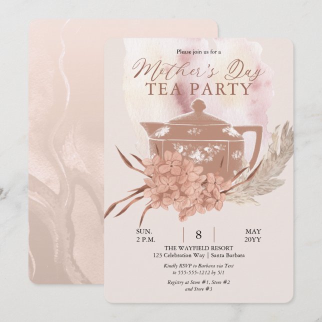 Boho Tekanna Hydrangeas Pampas Mors dag Tea Inv Inbjudningar (Fram/baksida)