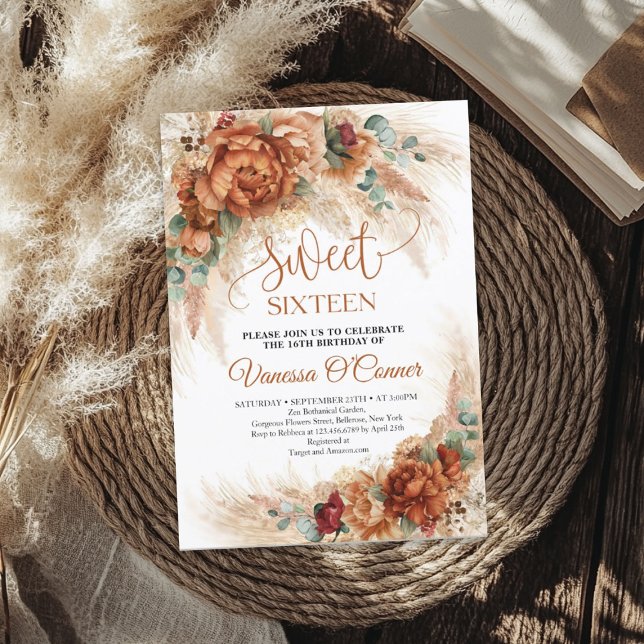 Boho teracotta burgundy-blommor eucalyptus rosti inbjudningar (Boho terracotta burgundy flowers eucalyptus rusty invitation)