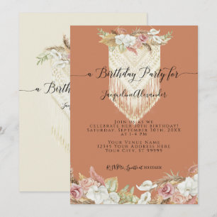 Boho Terra Cotta Tropical Blommigt Pampas Birthday Inbjudningar
