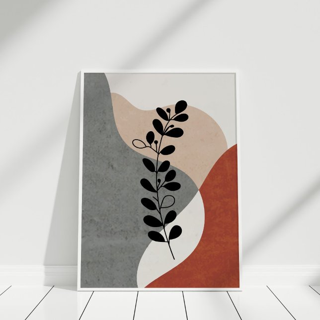 Boho Terracotta Abstrakt Botanical Art Poster (Boho Terracotta Abstract Botanical Art Poster against white wall in white frame.)