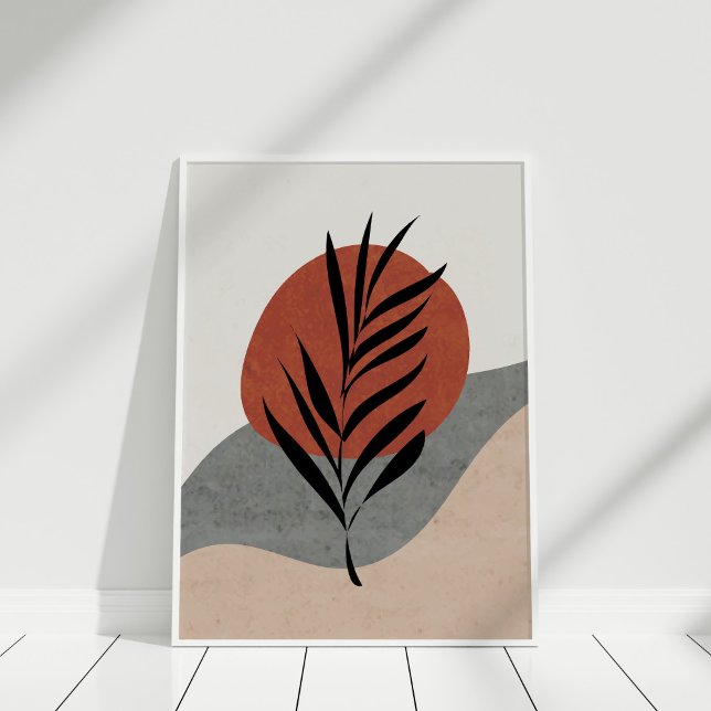 Boho Terracotta Abstrakt Sol och Ligcape Art Poster (Boho Terracotta Abstract Sun and Landscape Art Poster against white wll in white frame.)
