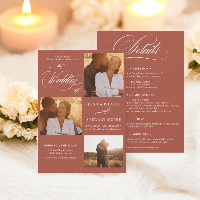 Boho terracotta alla i ett skript foton bröllop inbjudningar (Boho terracotta all in one script photos wedding invitation)