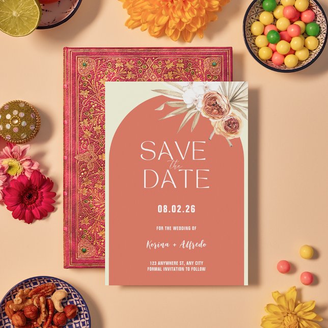 Boho Terracotta Arch Floral Save the Date Template Spara Datumet (Skapare uppladdad)