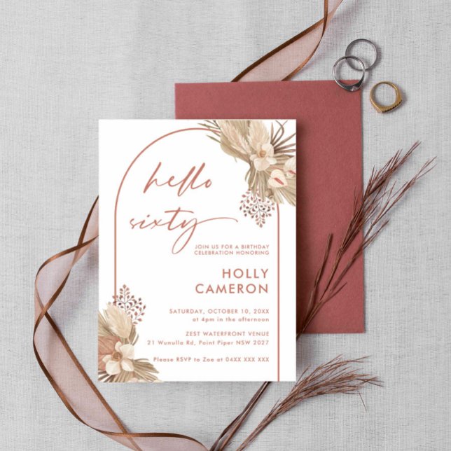 Boho Terracotta Arch Pampas Grass 60:e födelsedage Inbjudningar (Skapare uppladdad)