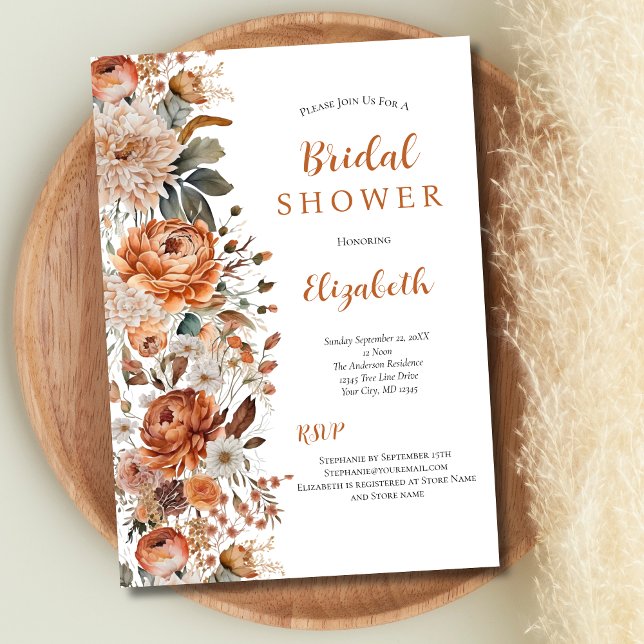 Boho Terracotta Beige Blommigt Möhippa Inbjudningar (Terracotta Rust Beige Floral Botanical Boho Bridal Shower invitation)