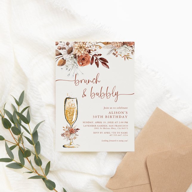 Boho Terracotta Birthday Brunch och Bubly Inbjudningar (Skapare uppladdad)