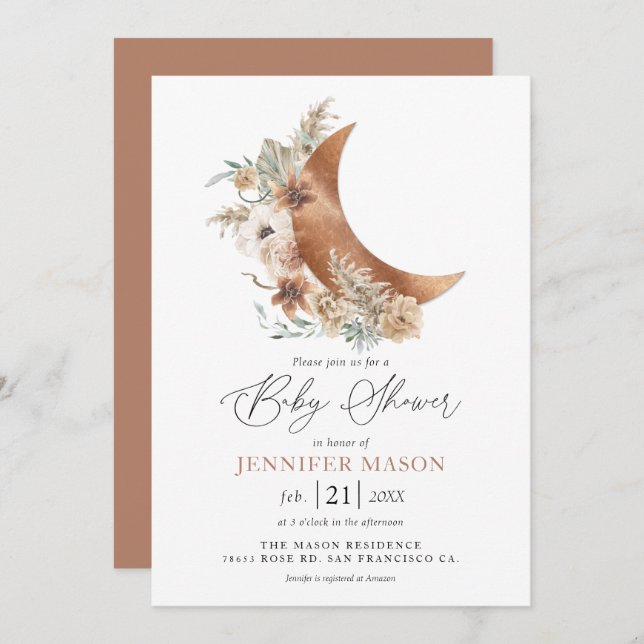 Boho Terracotta Blommigt Baby Shower-inbjudan Inbjudningar (Fram/baksida)