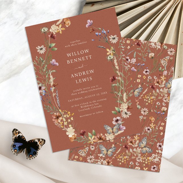 Boho Terracotta Blommigt Bröllop Inbjudningar (Boho Terracotta Floral Wedding Invitation with Butterfly by Painted Paperie
)