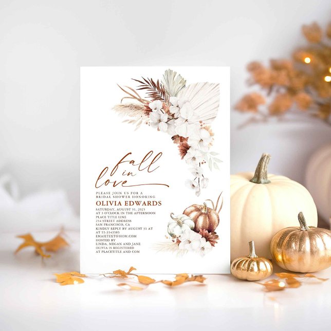 Boho Terracotta Blommigt Fall i Kärlek Möhippa Inbjudningar (Fall in Love Gold Pumpkins and White Orchids Bridal Shower Invitations)