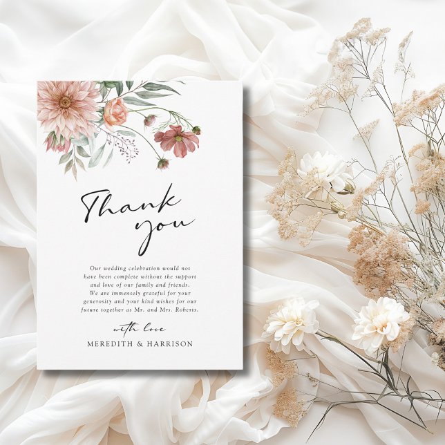 Boho Terracotta Blommigt Fall Wedding Tack Kort (Boho Terracotta Floral Fall Wedding Thank You Card)