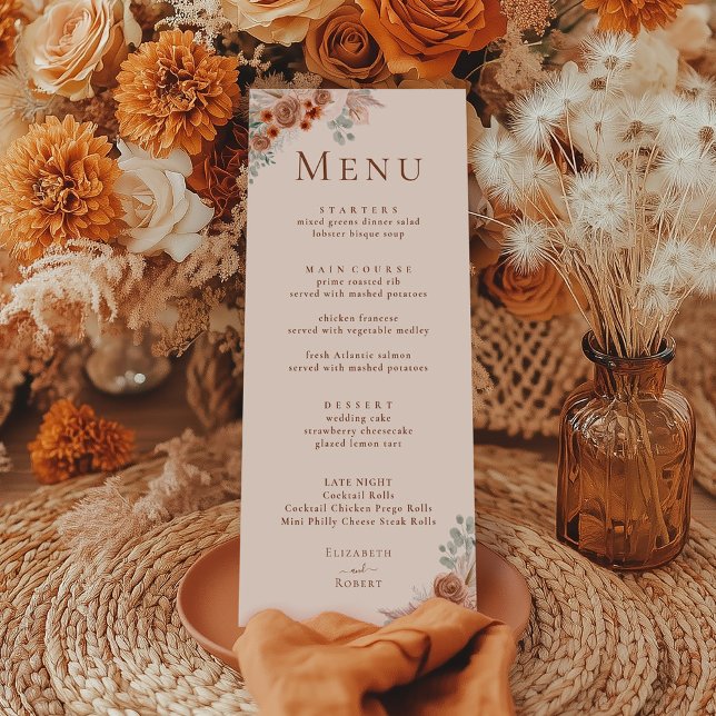 Boho Terracotta Blommigt Pampas Grass Bröllop Menu Meny (Boho Terracotta Floral Pampas Grass Wedding Menu on a boho table with terracotta dry flowers)