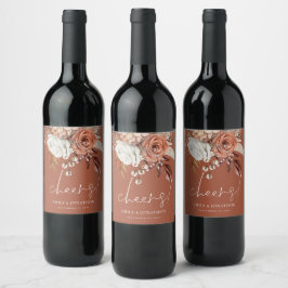 Boho Terracotta Blommigts Cheers Namn Brown Bröllo Vinflaska Etikett