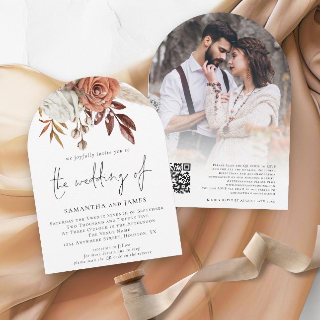 Boho Terracotta Blommigts Photo QR Code Bröllop Inbjudningar (Front and back view)