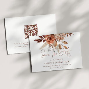Boho Terracotta Blommigts QR Code Bröllop Spara Datumet