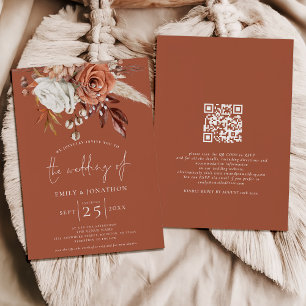 Boho Terracotta Blommigts QR Code Rust Bröllop Inbjudningar
