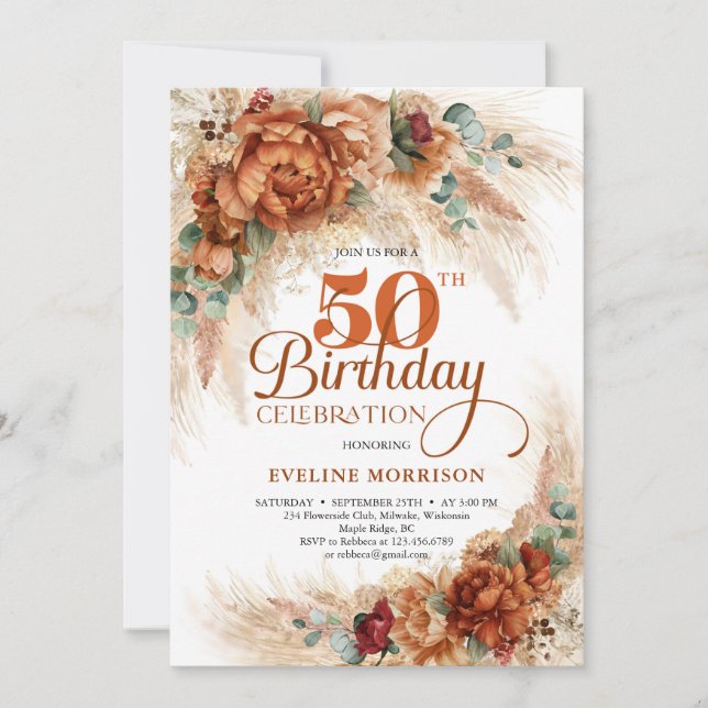 Boho terracotta brände orange pampas eucalyptus inbjudningar (Framsida)