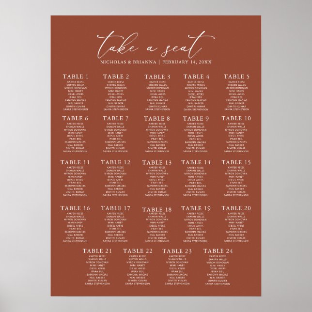 Boho Terracotta Bröllop 24 Bord-sittplatsdiagram Poster (Framsidan)