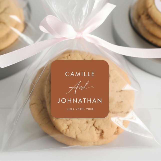 Boho Terracotta Bröllop-etikett Fyrkantigt Klistermärke (Boho Terracotta Wedding Favor Stickers)