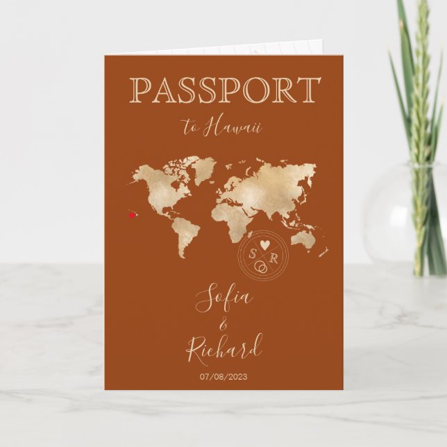 Boho Terracotta Bröllop Passport World Map Hawaii Inbjudan (Framsida)