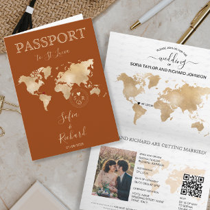 Boho Terracotta Bröllop Passport World Map QR-kod Inbjudan