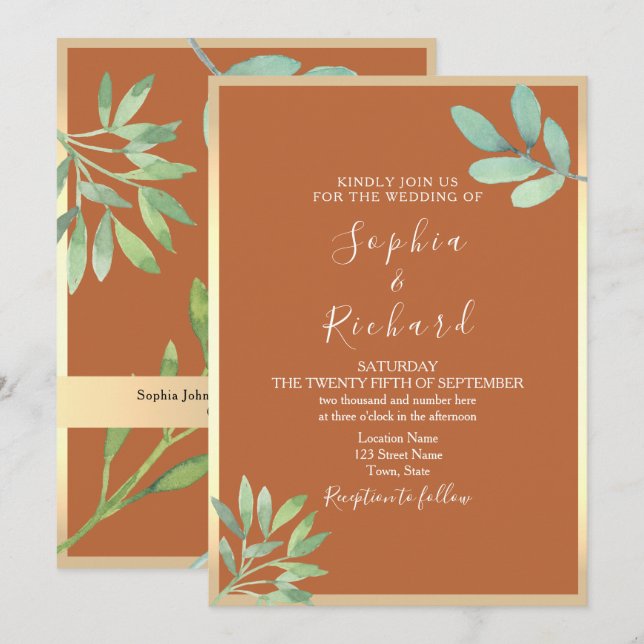 Boho Terracotta bröllopsinbjudan Inbjudningar (Fram/baksida)