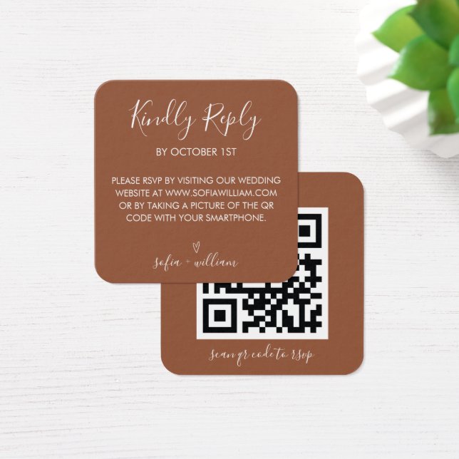 Boho Terracotta Bröllopswebbplats QR-kod RSVP Fyrkantigt Visitkort (Skivbord)