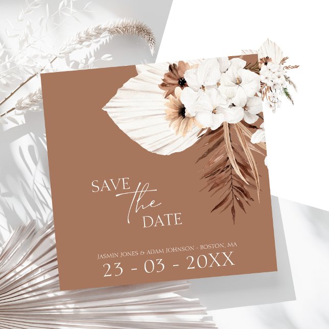 Boho Terracotta Brown Pampas Grass Blommigt Bröllo Spara Datumet (Boho Terracotta Brown Pampas Grass Floral Wedding Save The Date)