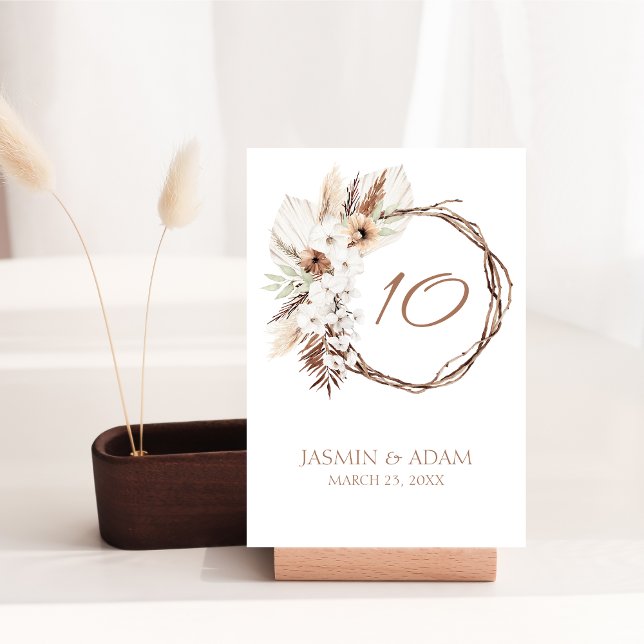 Boho Terracotta Brown Torkad Blommigt Utandning Br Bordsnummer (Boho Terracotta Brown Dried Floral Wreath Wedding Table Number)