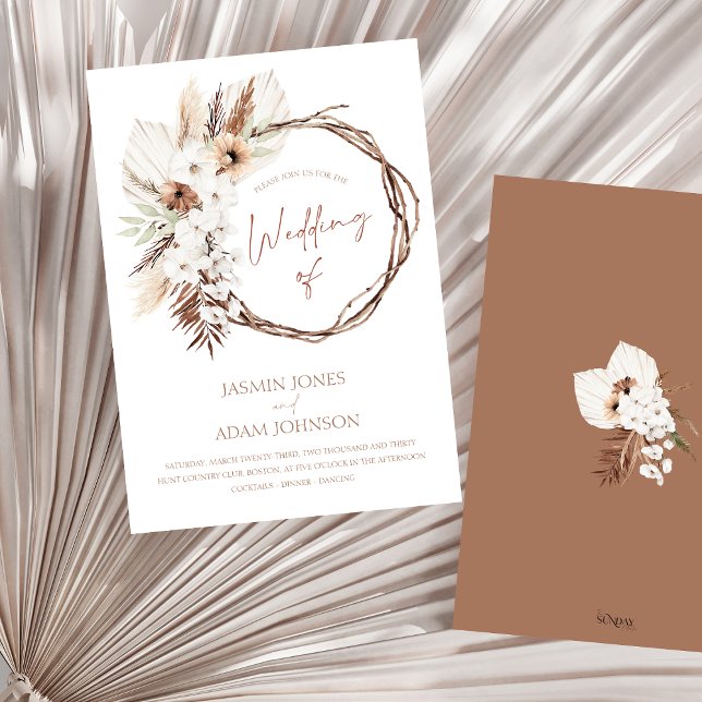 Boho Terracotta Brown Torkad Blommigt Utandning Br Inbjudningar (Boho Terracotta Brown Dried Floral Wreath Wedding Invitation)