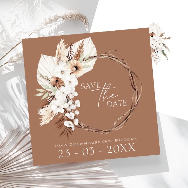 Boho Terracotta Brown Torkad Blommigt Utandning Br Spara Datumet (Boho Terracotta Brown Dried Floral Wreath Wedding Save The Date)