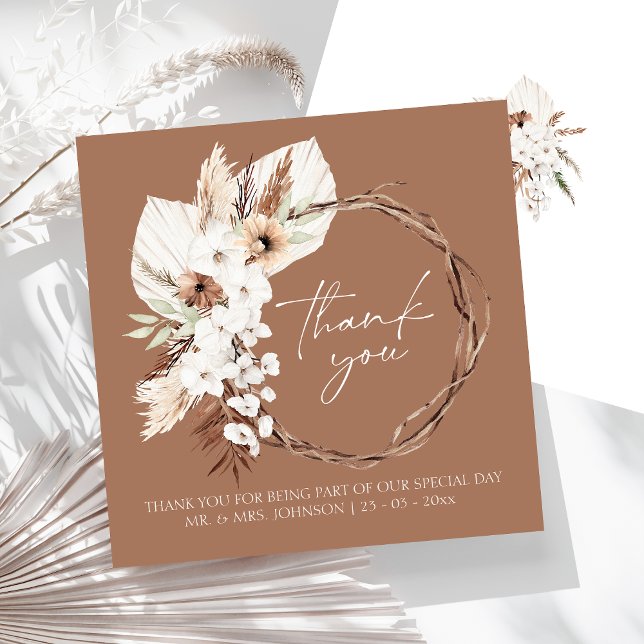 Boho Terracotta Brown Torkad Blommigt Utandning Br Tack Kort (Boho Terracotta Brown Dried Floral Wreath Wedding Thank You Card)
