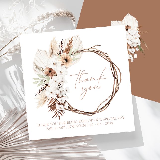 Boho Terracotta Brown Torkad Blommigt Utandning Br Tack Kort (Boho Terracotta Brown Dried Floral Wreath Wedding Thank You Card)