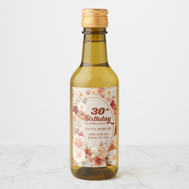 Boho terracotta burgundy blommigt 30års födelsedag vinetikett (Framsida)