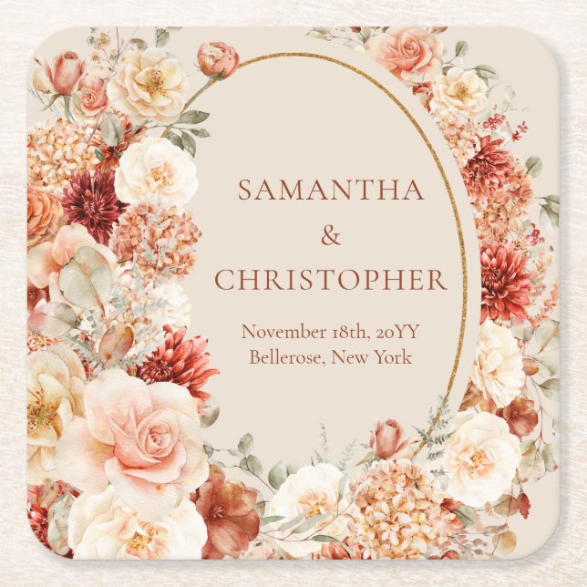 Boho terracotta burgundy blommigt eucalyptus under underlägg papper kvadrat (Framsidan)