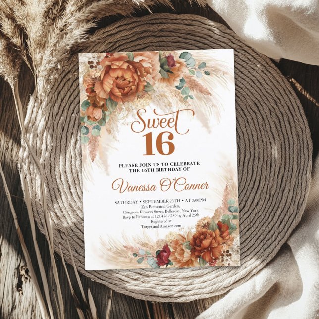 Boho terracotta burgundy-blommor sweet sixteen inbjudningar (Boho terracotta burgundy flowers sweet sixteen invitation)