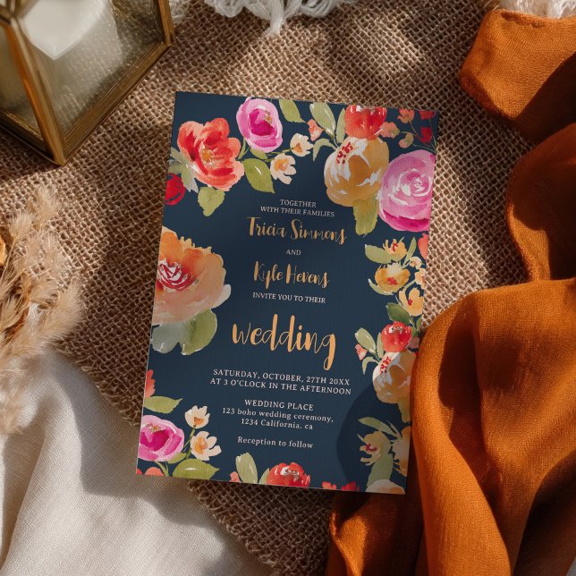 Boho Terracotta Burnt Orange Blommigt Bröllop Inbjudningar (Boho Terracotta Burnt Orange Floral Wedding Invitation)