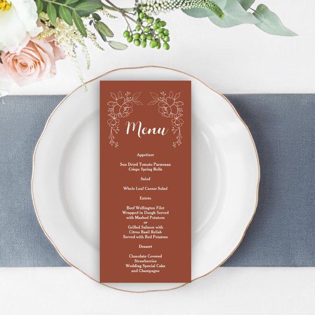 Boho Terracotta Burnt Orange Blommigt Bröllop Menu Meny (terracotta wedding menu, trendy elegant modern rustic menu, earthy tones wedding menu)