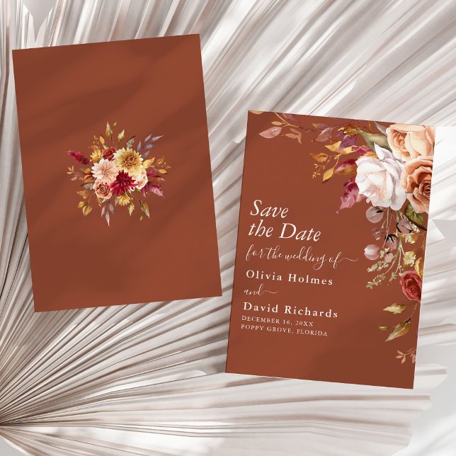 Boho Terracotta Burnt Orange Blommigt Bröllop Spara Datumet (Boho Terracotta Burnt Orange Floral Wedding Save The Date on a sunny neutral dry palm leaf.)