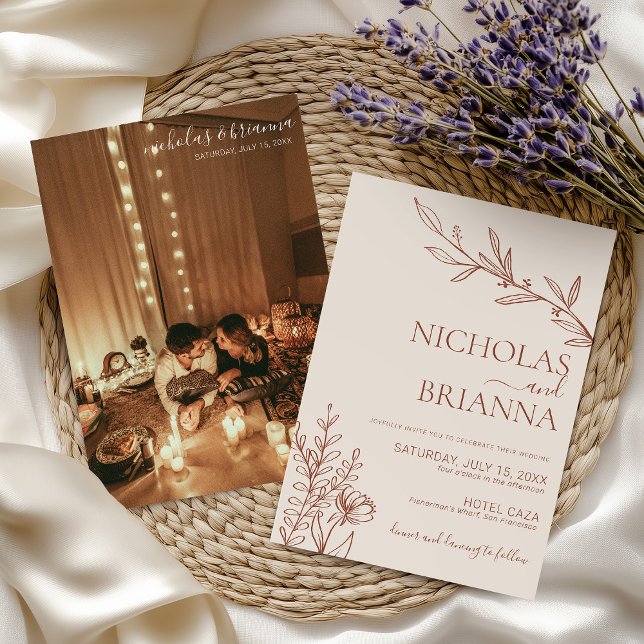 Boho Terracotta Burnt Orange Minimal Photo Bröllop Inbjudningar (Skapare uppladdad)