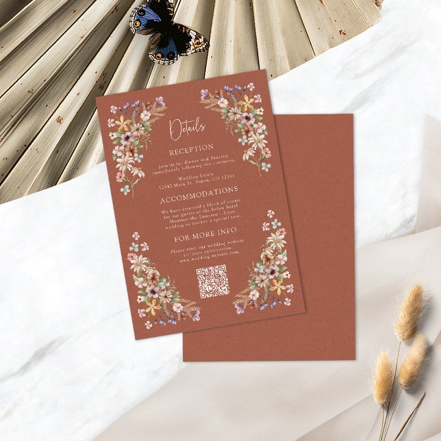 Boho Terracotta Detailkort Tilläggskort (Boho Terracotta Floral Details Enclosure Card QR Code by Painted Paperie
)