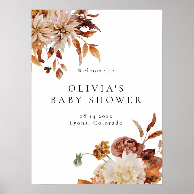 Boho Terracotta Fall Blommigt Baby Shower Välkomme Poster (Framsidan)